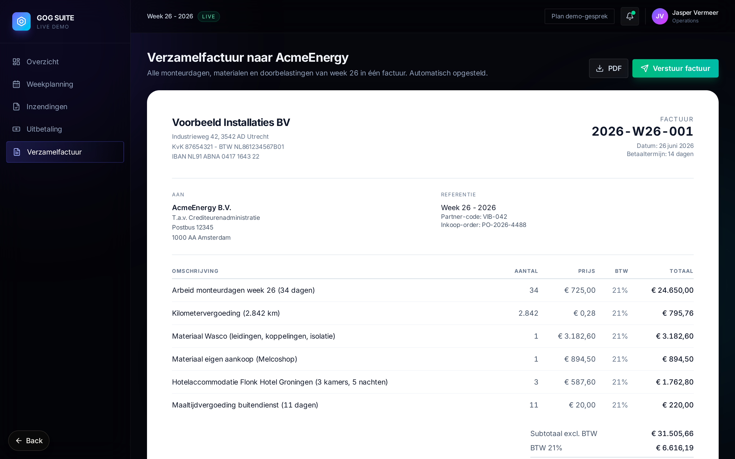 GOG SUITE verzamelfactuur naar opdrachtgever