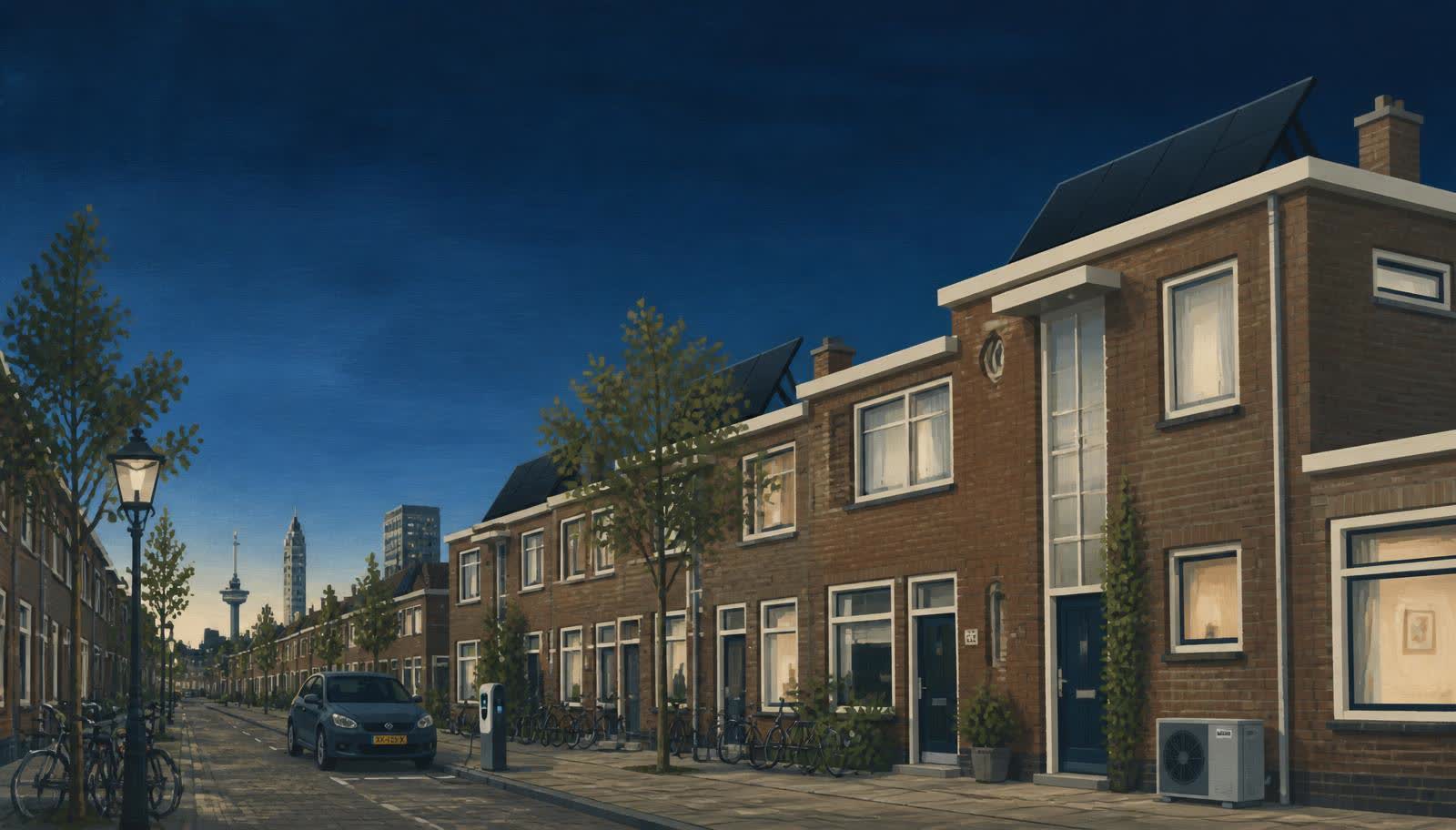 Rotterdamse straat met bakstenen rijtjeshuizen, zonnepanelen, warmtepomp en laadpaal in de schemering